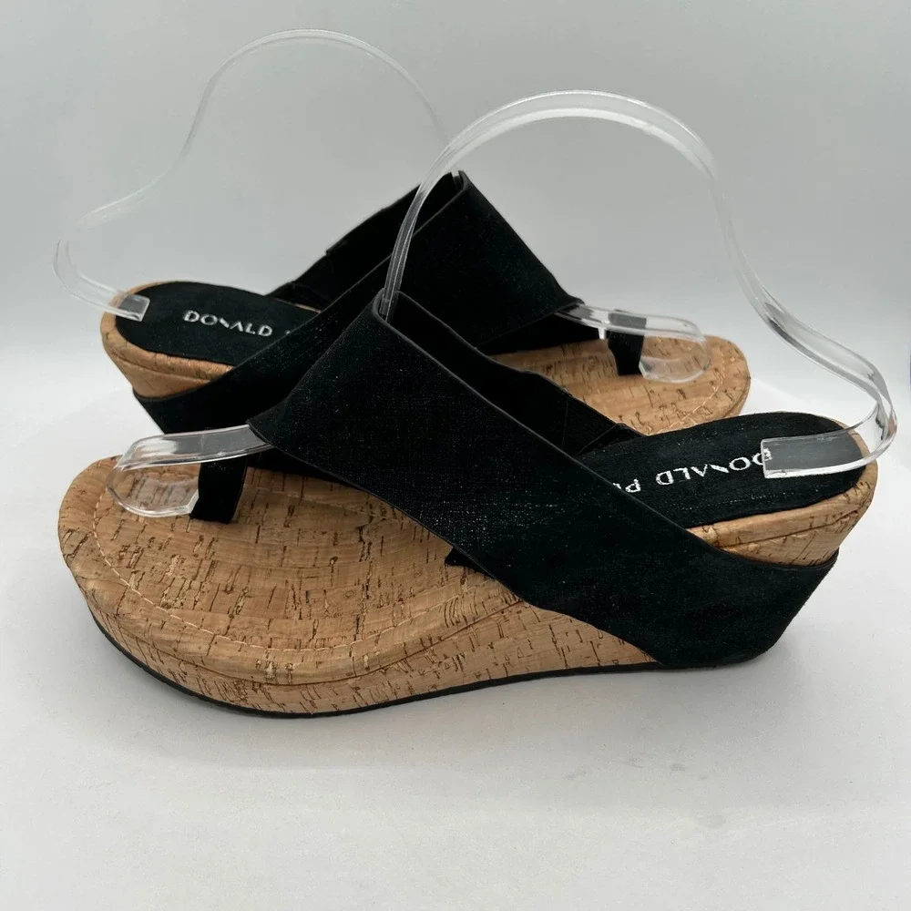 Donald Pliner Gyer Black Leather Cork Wedge Toe Loop Sandals Size 9.5 NEW